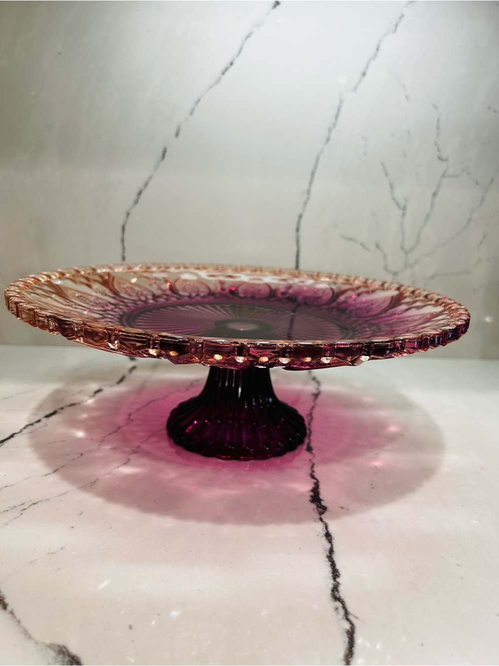Anthropology Color Cut Glass Pedestal Cake Stand in Amethyst Purple Pink